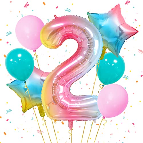 Luftballon 2. Geburtstag Mädchen Folienballon 2 Rosa Deko zum 2 Geburtstag Mädchen Regenbogen Number Folienballon zum Mädchen Geburtstag Party Dekoration (2) von Ousuga