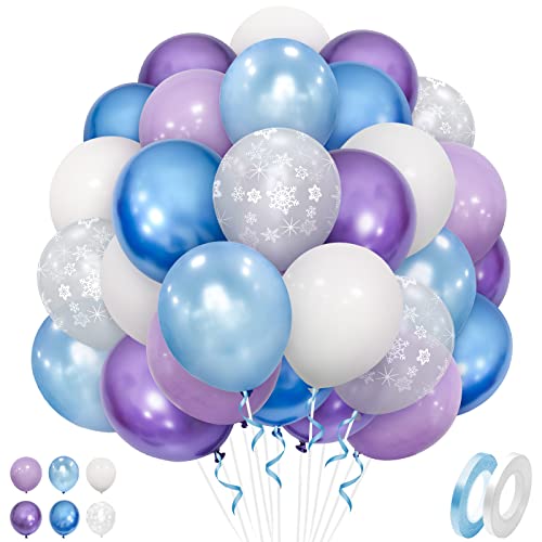 Luftballons Blau Lila Weiß, 50 Stück 12 Zoll Frozen Blau Lila Weiß Latex Luftballon mit Blau Lila Metallic Ballons Schneeflocken Ballon für Mädchen Geburtstag Babyparty Weihnachten Party Dekorationen von Ousuga