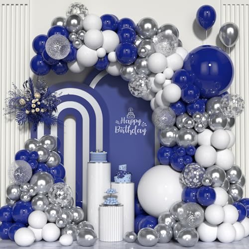 Luftballons Blau Silber Weiß, 114 Stück Ballon Girlande Metallic Silber Navy Blau Marineblaue Helium Silber Konfetti Ballons mit Bändern für Mann Junge Geburtstag Hochzeit Babyparty Party Dekoration von Ousuga