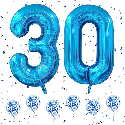 Luftballons Geburtstag 30 Zahl Blau, 40 Zoll Große Zahlen Helium Folie Mylar Geburtstagdeko Ballons mit 6Pcs Blau Konfetti Ballons für 30. Jungen Mädchen Jubiläum Party Geburtstag Deko von Ousuga