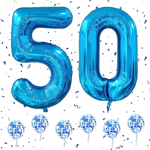 Luftballons Geburtstag 50 Zahl Blau, 40 Zoll Große Zahlen Helium Folie Mylar Geburtstagdeko Ballons mit 6Pcs Blau Konfetti Ballons für 50. Jungen Mädchen Jubiläum Party Geburtstag Deko von Ousuga