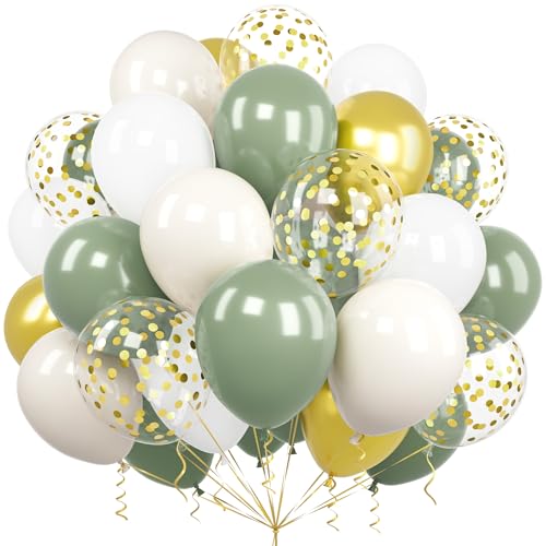 Luftballons Grün Gold, Ousuga 60 Stück 12 Zoll Salbeigrün Weiß Sandweiß Luftballons Metallic Chrom Gold Konfetti Latex Ballons Set für Männer Mädchen Geburtstag Hochzeit Babyparty Jahrestag Dekoration von Ousuga