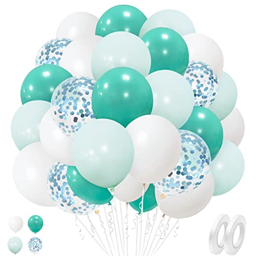 Luftballons Türkis Weiß, 50 Stück 12 Zoll Blaugrün Blau Weiß Helium Latex Luftballons mit Blaugrün Konfetti Ballons für Jungen Geburtstag Babyparty Taufen Hochzeit Verlobung Party Dekorationen von Ousuga