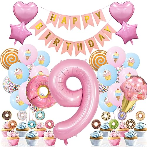 Deko 9. Geburtstag Mädchen, Pastell Luftballons Geburtstags Deko 9 Jahre Mädchen Rosa Blau Luftballons mit Eis und Kuchen Muster Rosa Zahl 9 Ballon, Donut Folienballon für 9. Baby Mädchen Geburtstag von Ousuga