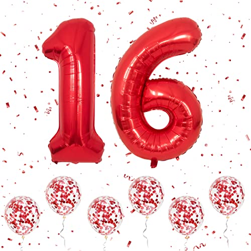 Zahlen 16 Luftballons Rot, 40 Zoll große Folien ballon Nummer 1 & 6 mit 6 Rot Konfetti Helium ballons, 1 6 16. Geburtstags ballon für Mädchen Jungen Party Romantische Anlässe Jubiläums dekorationen von Ousuga