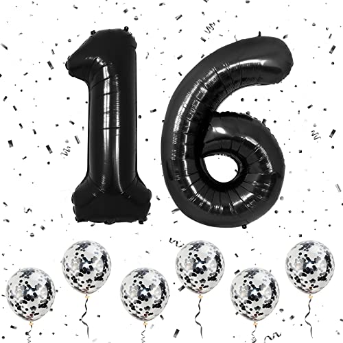 Zahlen 16 Luftballons Schwarz, 40 Zoll große Folien ballon Nummer 1 & 6 mit 6 Schwarz Konfetti-Helium ballon, 16. Geburtstags ballon für Mädchen Jungen Party Romantische Anlässe Jubiläums dekorationen von Ousuga