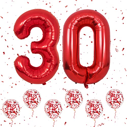 Zahlen 30 Luftballons Rot, 40 Zoll große Folien ballon Nummer 3 & 0 mit 6 Rot Konfetti-Helium ballon, 3 30 Geburtstags ballon für Männer Frauen Party Romantische Anlässe Jubiläums dekorationen von Ousuga