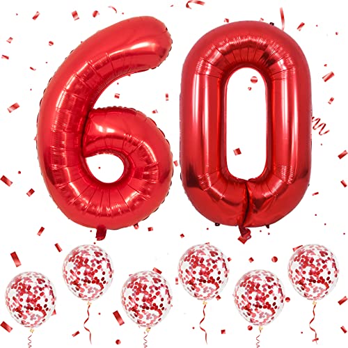 Zahlen 60 Luftballons Rot, 40 Zoll große Folien ballon Nummer 6 & 0 mit 6 Rot Konfetti-Helium ballon, 6 60 Geburtstags ballon für Männer Frauen Party Romantische Anlässe Jubiläums dekorationen von Ousuga