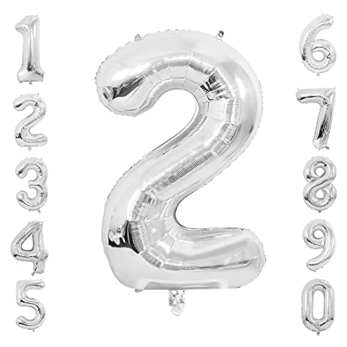 Ousuga 40 Zoll Zahlenballon Silber 2, Groß Zahlen Selbstaufblasende Helium Mylar Luftballons Jumbo Zahlenfolie fürJungen Mädchen Geburtstag Silberhochzeit Graduierung Space Themenparty (2) von Ousuga