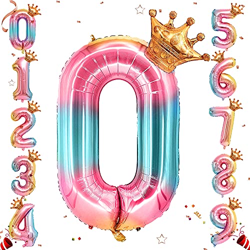 Ousuga Helium-Folien-Zahlenballon, 32-Zoll-Regenbogen-Gradienten-Zahlenballons mit Krone, 0-9-Folie, Mylar, große Zahlenballons für Prinzessinnen-Geburtstagsfeier, Jahrestag, Dekorationen (#0) von Ousuga