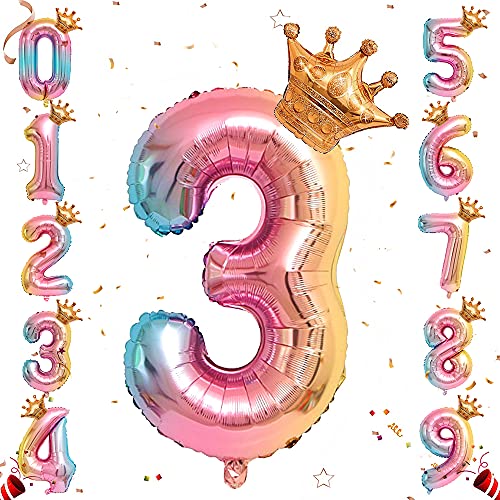 Ousuga Helium-Folien-Zahlenballon, 32-Zoll-Regenbogen-Gradienten-Zahlenballons mit Krone, 0-9-Folie, Mylar, große Zahlenballons für Prinzessinnen-Geburtstagsfeier, Jahrestag, Dekorationen (#3) von Ousuga
