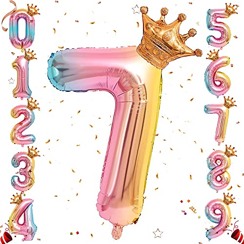 Ousuga Helium-Folien-Zahlenballon, 32-Zoll-Regenbogen-Gradienten-Zahlenballons mit Krone, 0-9-Folie, Mylar, große Zahlenballons für Prinzessinnen-Geburtstagsfeier, Jahrestag, Dekorationen (#7) von Ousuga