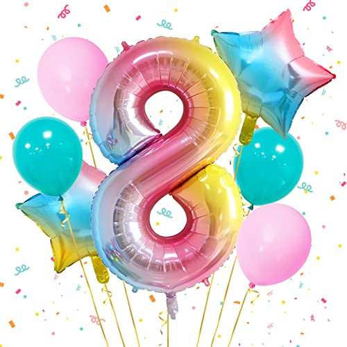 Luftballon 8. Geburtstag Mädchen Folienballon 8 Rosa Deko zum 8 Geburtstag Mädchen Regenbogen Number Folienballon zum Mädchen Geburtstag Party Dekoration (8) von Ousuga
