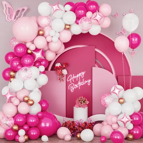 Ousuga Rosa Weiß Luftballon Girlande, 128Stück Luftballons Pink Rosa Rot Macaron Pinke Roségold Ballon Konfetti Vierzackige Sterne Folienballon Mädchen Geburtstag Verlobung Heiratsantrag Zubehör von Ousuga