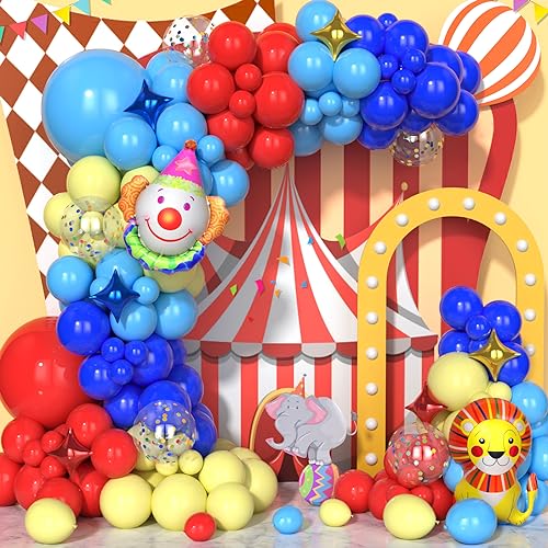 Zirkus Luftballons Rot Blau Gelb 130Stück, Karnevals Luftballon Blau Gelb Rot Konfetti Ballon Girlande Ballons Mit Löwen Clown Kopf Folienballon Für Jungen Mädchen Jubiläums Geburtstag Deko von Ousuga