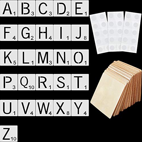 26 Stück 4 Zoll Fliesenschablonen Alphabet, 26 Stück quadratische Holzscheiben, unbearbeitet, und 3 Stück, transparent, für Wanddekoration, Bastelprojekte von Outus