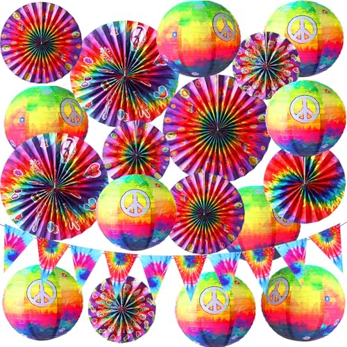 Outus 20 Stück Batik-Party-Hängedekorationen, Batikfärbung, groovige hängende Papierlaternen, 60er Jahre Hippie-Papierfächer, Wimpelbanner, Hippie-Themenparty-Dekorationen für 1960er und 1970er Jahre Outus 20 Stück Batik-Party-Hängedekorationen, Batikfärbung, groovige hängende Papierlaternen, 60er Jahre Hippie-Papierfächer, Wimpelbanner, Hippie-Themenparty-Dekorationen für 1960er und 1970er Jahre von Outus