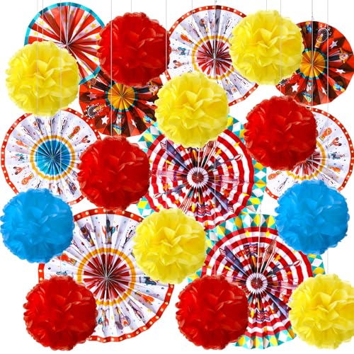 Outus 21 Stück Karneval Party Dekorationen mit Zirkus hängende Papierfächer rot gelb blau Papier Pom Poms Seidenblumen für Decke Wand Karneval Zirkus Thema Geburtstag Party Gastgeschenke Zubehör von Outus