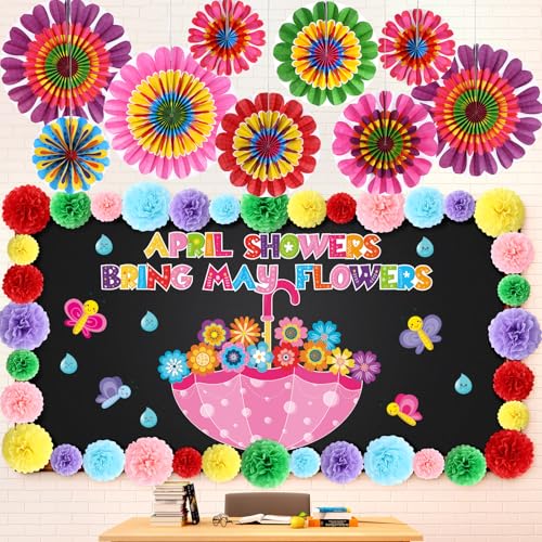 Outus 81-teiliges Pinnwand-Set mit 3D-Papier-Pom-Pom-Pom-Fächern, Blumenausschnitten für Klassenzimmer, Schule, Zuhause, Party, Wanddekoration von Outus