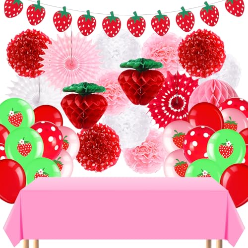 Outus Erdbeer-Party-Dekorationen, Beeren, erster Geburtstag, Hängedekoration, rot, rosa, weiß, Seiden-Pompons, Papierfächer, Wabenball, Banner, Luftballons, Tischdecke für Erdbeer-Motto-Party-Zubehör Outus Erdbeer-Party-Dekorationen, Beeren, erster Geburtstag, Hängedekoration, rot, rosa, weiß, Seiden-Pompons, Papierfächer, Wabenball, Banner, Luftballons, Tischdecke für Erdbeer-Motto-Party-Zubehör von Outus