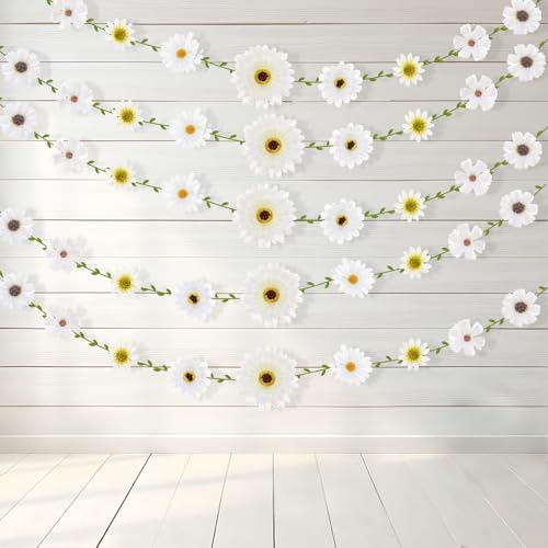 Outus Wildblumen-Girlande, Gänseblümchen, Sommerbanner zum Aufhängen, Blumengirlande für Hintergrund, künstliche Weinblätter, Band und 73 Gänseblümchen für Wildblumen, Party, Babyparty, Hochzeit, DIY von Outus