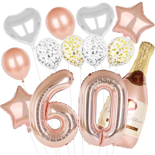 Deko 60. Geburtstag Frauen, Luftballon 60. Geburtstag Roségold, 15 Stück Geburtstagsdeko 60 Jahre Frau Set, Geburtstagsdeko 60 mit Helium Folienballon Konfetti Luftballon für Frauen (60 Jahre) von Ouxayapl