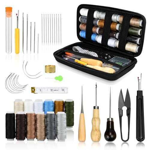 Leder Nähset, 48 Stück Leder Werkzeuge Set, Ledernähset mit Nähnadeln, Hochleistungs-Nähset mit Nähnadeln, Nähgarn für Reparaturen, Nähahle, Handnähen, Leder Werkzeuge Set für DIY Handwerk von Ouxayapl