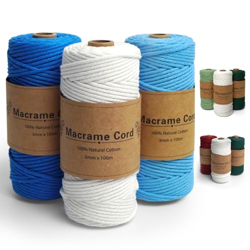 Makramee Garn 3er Set, Makramee Garn 3mm x 100m, Macrame Cord, Baumwollkordel Natur für DIY Handwerk, Böhmisches Dekor, Hängepflanze Pflanze Aufhänger(Natur, Dunkelblau, Hellblau) von Ouxayapl