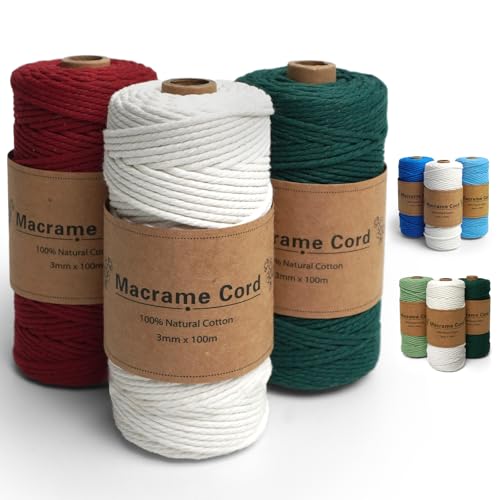 Makramee Garn 3er Set, Makramee Garn 3mm x 100m, Macrame Cord, Baumwollkordel Natur für DIY Handwerk, Böhmisches Dekor, Hängepflanze Pflanze Aufhänger(Natur, Dunkelgrün, Rot) von Ouxayapl