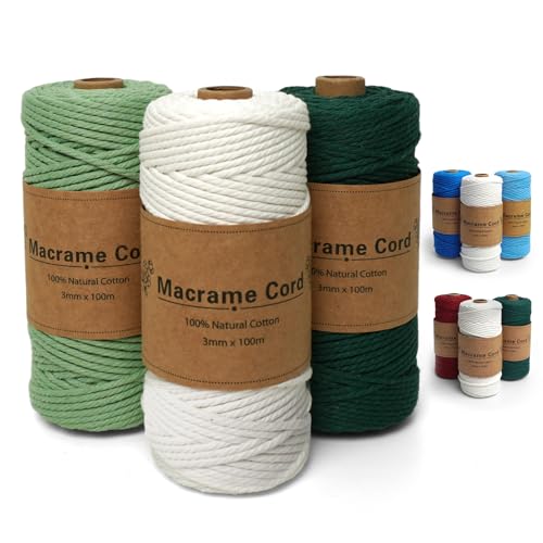 Makramee Garn 3er Set, Makramee Garn 3mm x 100m, Macrame Cord, Baumwollkordel Natur für DIY Handwerk, Böhmisches Dekor, Hängepflanze Pflanze Aufhänger(Natur, Hellgrün, Dunkelgrün) von Ouxayapl