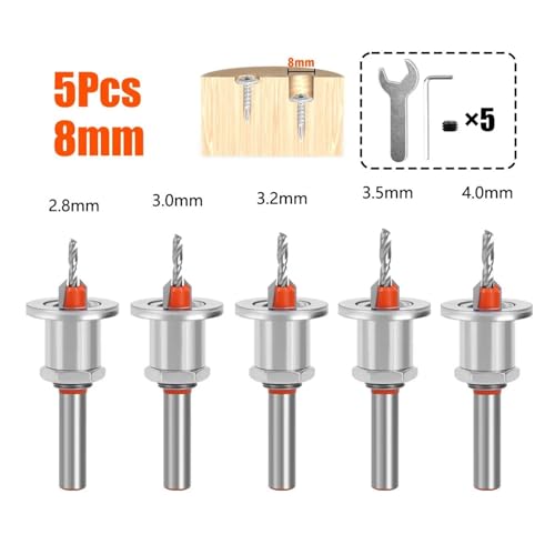 5-teiliges Senker-Bohrer-Set, 2,8/3,0/3,2/3,5/4 Mm, Tiefe Einstellbar, Mit Stoppschraubenloch, For Die Holzbearbeitung, 8/10 Mm Senker(8mm Countersink) von Ouxk