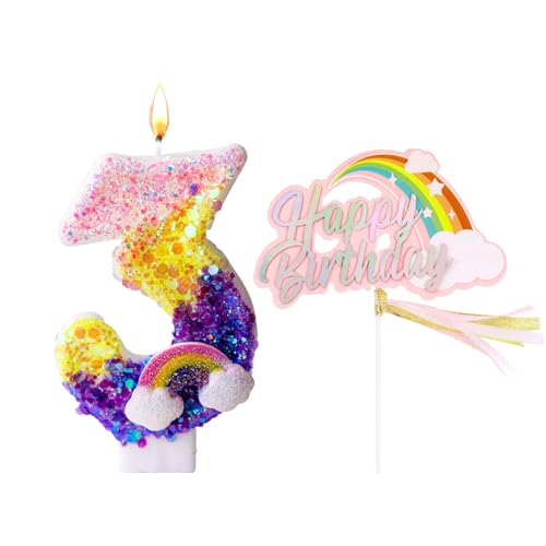 Ovaletta Pailletten Geburtstagskerzen Zahlen 3 (Regenbogen Deko), Kerzen Geburtstag, Regenbogen Geburtstagskerze, Geburtstagskerzen für Torte, Kerze 3, Kerzen Zahlen (mit Regenbogen Cake Toppe) von Ovaletta