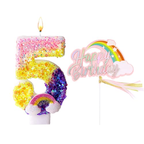 Ovaletta Pailletten Geburtstagskerzen Zahlen 5 (Regenbogen Deko), Kerzen Geburtstag, Regenbogen Geburtstagskerze, Geburtstagskerzen für Torte, Kerze 5, Kerzen Zahlen (mit Regenbogen Cake Toppe) von Ovaletta