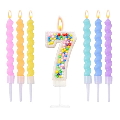 Ovaletta Regenbogenball Geburtstagskerzen Zahlen 7, Kerzen Geburtstag, Bunte Geburtstagskerze, Geburtstagskerzen für Torte, Kerze 7, Kerzen Zahlen (mit 6 Stücke Bunte Geburtstagskerzen für Torte) von Ovaletta