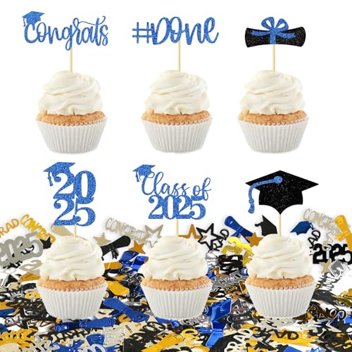 Ovanda 12 Stück Glitzer 2025 Graduation Cupcake Toppers, Konfetti Blue Graduation Deko Bachelor Deko, Abschluss Deko, Congratulations Grad Bestandene Prüfung Geschenk, Abschluss Hut Streudeko von Ovanda
