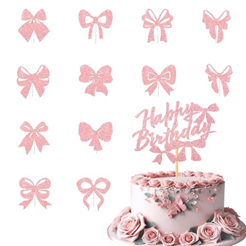 Ovanda 13 Stück Happy Birthday Tortendeko, Schleife Tortendeko Geburtstag, Happy Birthday Tortendekos, Glitter Cupcake Topper, Kuchen Deko für Mädchen, Kinder, Hochzeit, Mutter (Rosa) von Ovanda