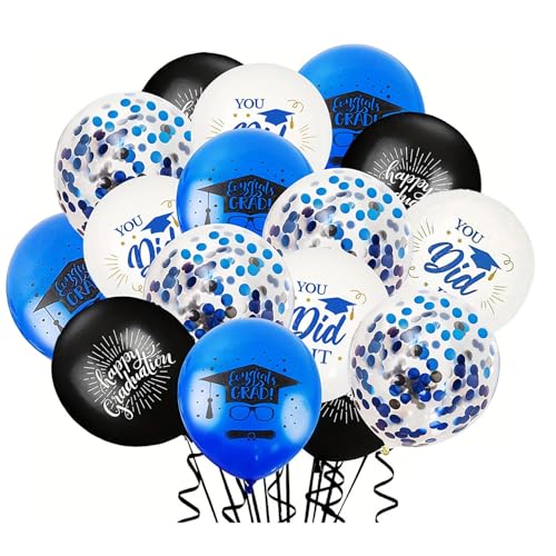 Ovanda 16 Stück Abschlussfeier Luftballons, Prüfung Bestanden Deko, Bachelor Abschluss Geschenk, Graduation Deko, für Abschlussfeier, Schulabschluss, Abitur Studium Abschlussdekorationen, Schwarz Blau von Ovanda