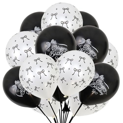 Ovanda 20 Stück Happy Birthday Ballon,12 Zoll Latex Ballons mit Schleifen Motiv,Schwarz Weiß Helium Ballon,Luftballon Geburtstag Junge Mädchen,Butterfly Party Decoration Theme,Schleife Geburtstag Deko von Ovanda