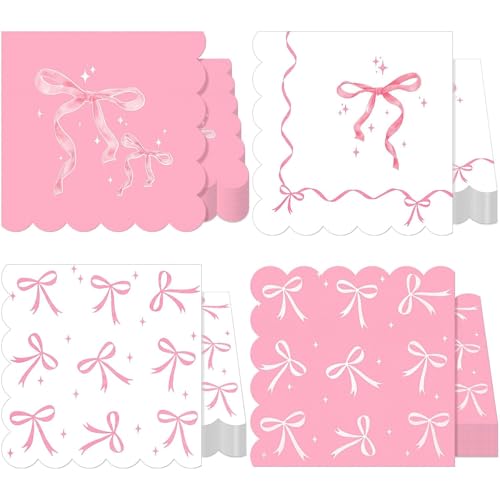 Ovanda 20 Stück Rosa Schleife Serviette (33 x 33 cm), Schleifen Motto Partydekorationen, Schleifenknoten, Baby Papierservietten,Servietten Schleifenmuster,Mädchen Tischdeko,Servietten Kindergeburtstag von Ovanda