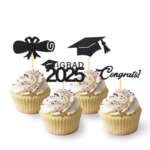 Ovanda 24 Stück Glitzer 2025 Graduation Cupcake Toppers, Graduation Deko, Graduation Gift, Bachelor Deko, Bachelor Hut Deko für Abschlussfeier Party, Abschluss Deko (Schwarz) von Ovanda