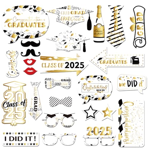 Ovanda 25 Stück Abschlussfeier Foto Requisiten,Gold Abschlussfeier Deko,Abschlussfeiern Photo Booth Props,Fotobox Accessoires für Abschluss,Graduation Fotorequisiten,ABI 2025 Abschluss Deko,Fotorahmen von Ovanda