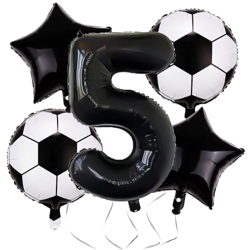 Ovanda 5 Stück Fussball Luftballon, Schwarz Zahlen 5 Folienballon, Fussball Deko Geburtstag Kinder, für Junge Kinder Geburtstag Weltmeisterschaft Spieltag Party, Ballon Stern, Schwarze Luftballons von Ovanda