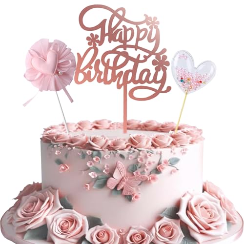Ovanda 5 Stück Happy Birthday Tortendeko, Girlande Herze Cake Topper, Tortendeko Mädchen, Happy Birthday Cake Topper, Kuchen Deko für Mädchen, Kinder, Hochzeit, Mutter (Rosa) von Ovanda