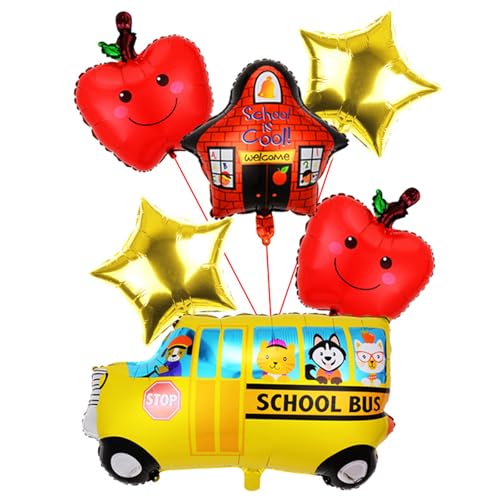 Ovanda 6 Stück Back To School Ballon, Einschulung Deko Folienballon,Junge Mädchen Luftballons für Deko Einschulung,Schulauto-Ballons,Schulanfang Deko,Happy Apple-Ballons,Schuleinführung Luftballon Bus von Ovanda