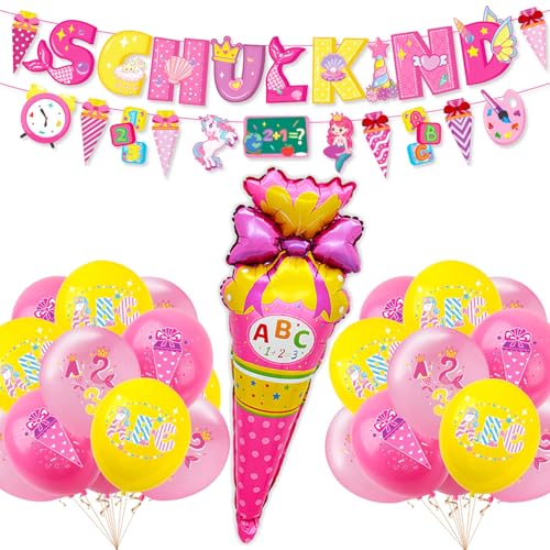 Ovanda Einschulung, Deko Einschulung Mädchen 2025, Schultüte Ballon zur Schule, Zuckertüte Banner, SCHULKIND Rosa Banner + HURRA Schulkind Schulanfang Folienballon + Zuckertüte Luftballons mit ABC von Ovanda