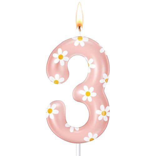 Ovanda Gänseblümchen Geburtstagskerzen, 3 Zahlenkerze, 3 Geburtstag Mädchen Deko, Kerze Deko 3. Geburtstag Mädchens, Tortendeko 3. Geburtstags,für Mädchen Baby Geburtstags Party, Geburtstagskerzen von Ovanda