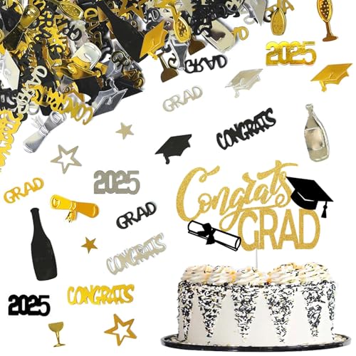 Ovanda Glitzer 2025 Graduation Cupcake Toppers, Abschluss Deko Konfetti, ABI 2025 Deko, Bachelor Hut Deko, Abschluss Deko für Graduation Abschlussparty Dekoration (Schwarz & Gold) von Ovanda