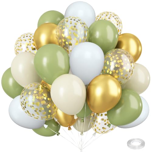 Ovanda Grüne Luftballons,12 Zoll Große Gold Grüne, Creme Und Weiße Latexballons, Konfetti Ballon Set für Junge Mädchen Mann Geburtstag Baby Shower Hochzeit Jugendweihe Party Deko von Ovanda