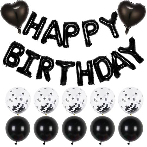 Ovanda Happy Birthday Ballon, Luftballons Schwarz Geburtstag Dekoration, Schwarz Happy Birthday Folienballons, Schwarzes Luftballons Konfetti Ballons, Buchstaben Folien Banner Helium Ballon von Ovanda