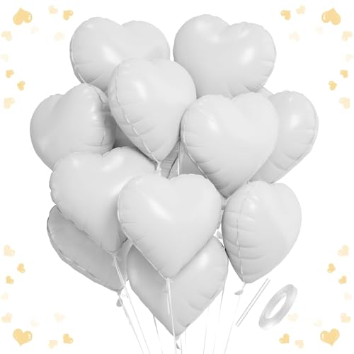 Ovanda Herz Folienballons, 18 Zoll Weiß Folienballon Herzs, Weiße Luftballons, Weiße Herz Luftballons Hochzeit Helium Set, Ballons mit Herzform Geeignet für Valentinstag, Hochzeitsfeier, Anniversary von Ovanda